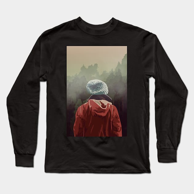 Adventure Hiker in Mountain Landscape with Fog Long Sleeve T-Shirt by Spindriftdesigns